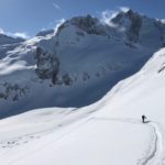 Skier touring in the Selkirk Mountains in British Columbia