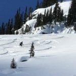 Skier skiing down backcountry run in the Selkirk Mountains